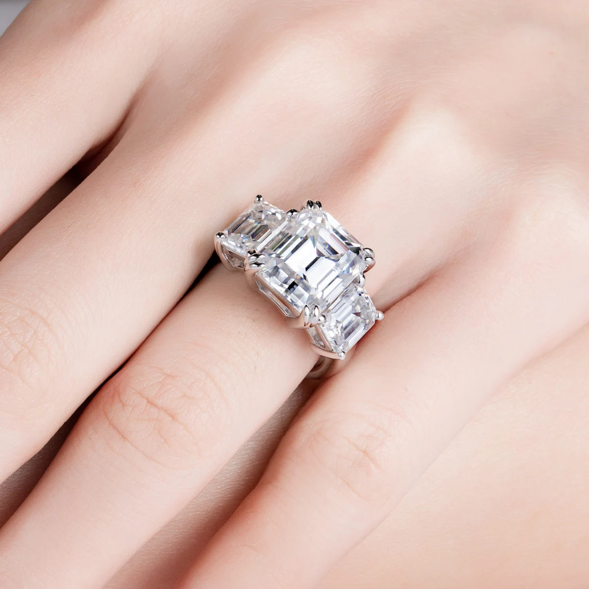 12 CTTW 3 Stone Emerald Cut Moissanite Engagement Ring