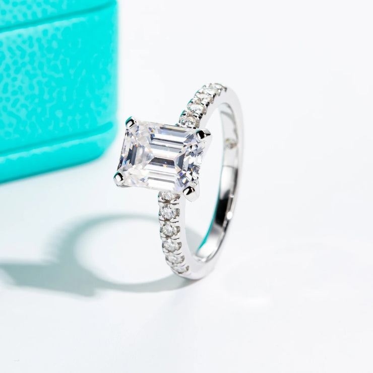 3CT Emerald Cut D Color Moissanite Engagement Ring.