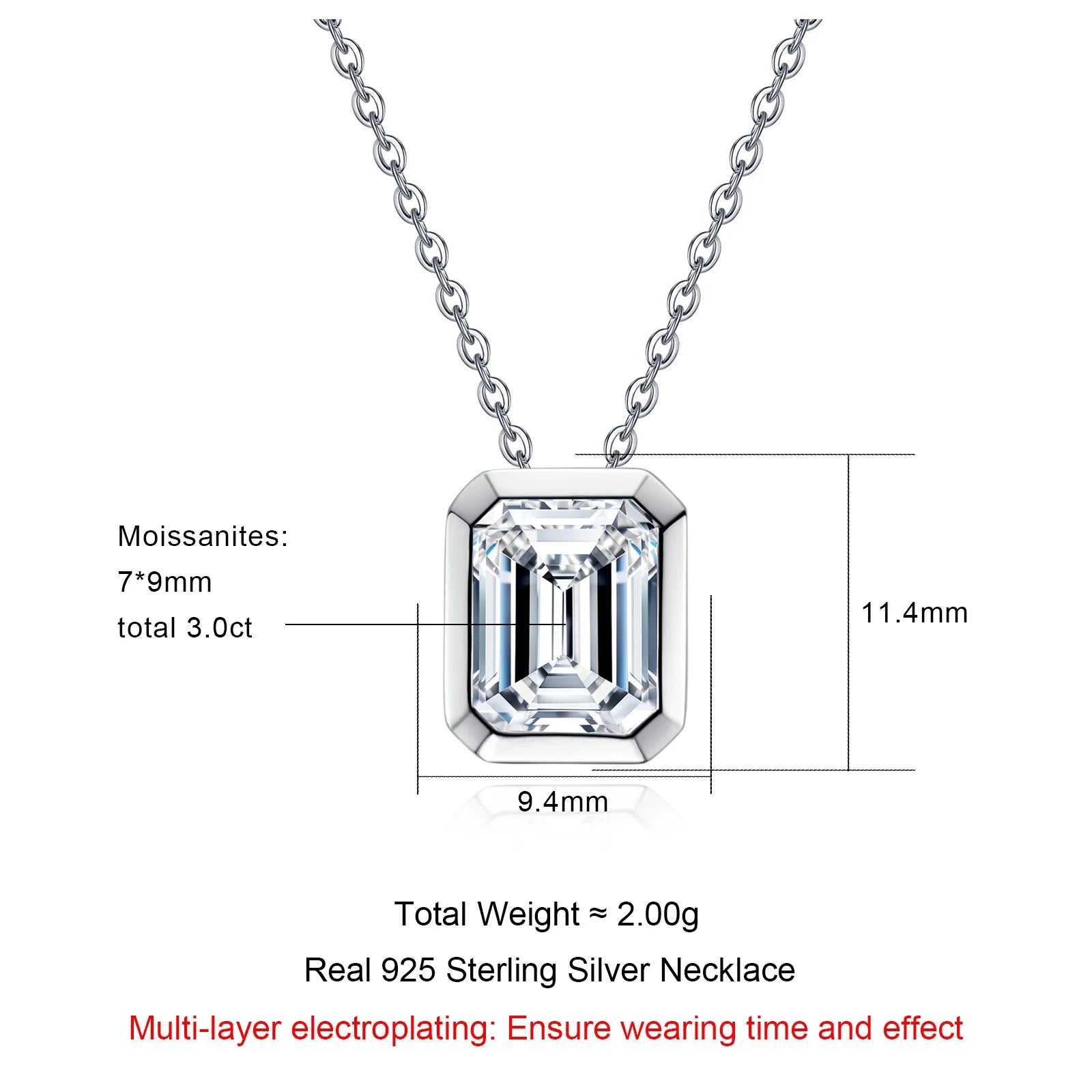 VVS1 Emerald Cut Moissanite Bezel Pendant Necklace