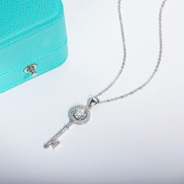 1ct D Color Moissanite Key Pendant Necklace.