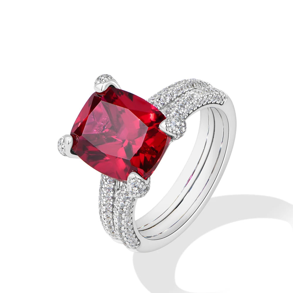 Cushion Cut Ruby & Sapphire Double Row Moissanite Ring