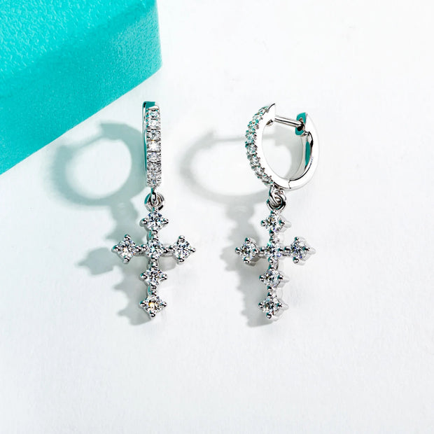 Moissanite Cross Hoop Earrings for Women.