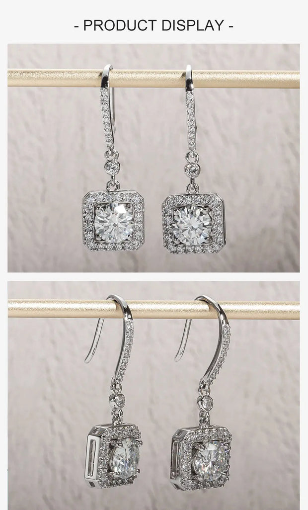 1 Carat Cushion Cut Moissanite Drop Earrings.