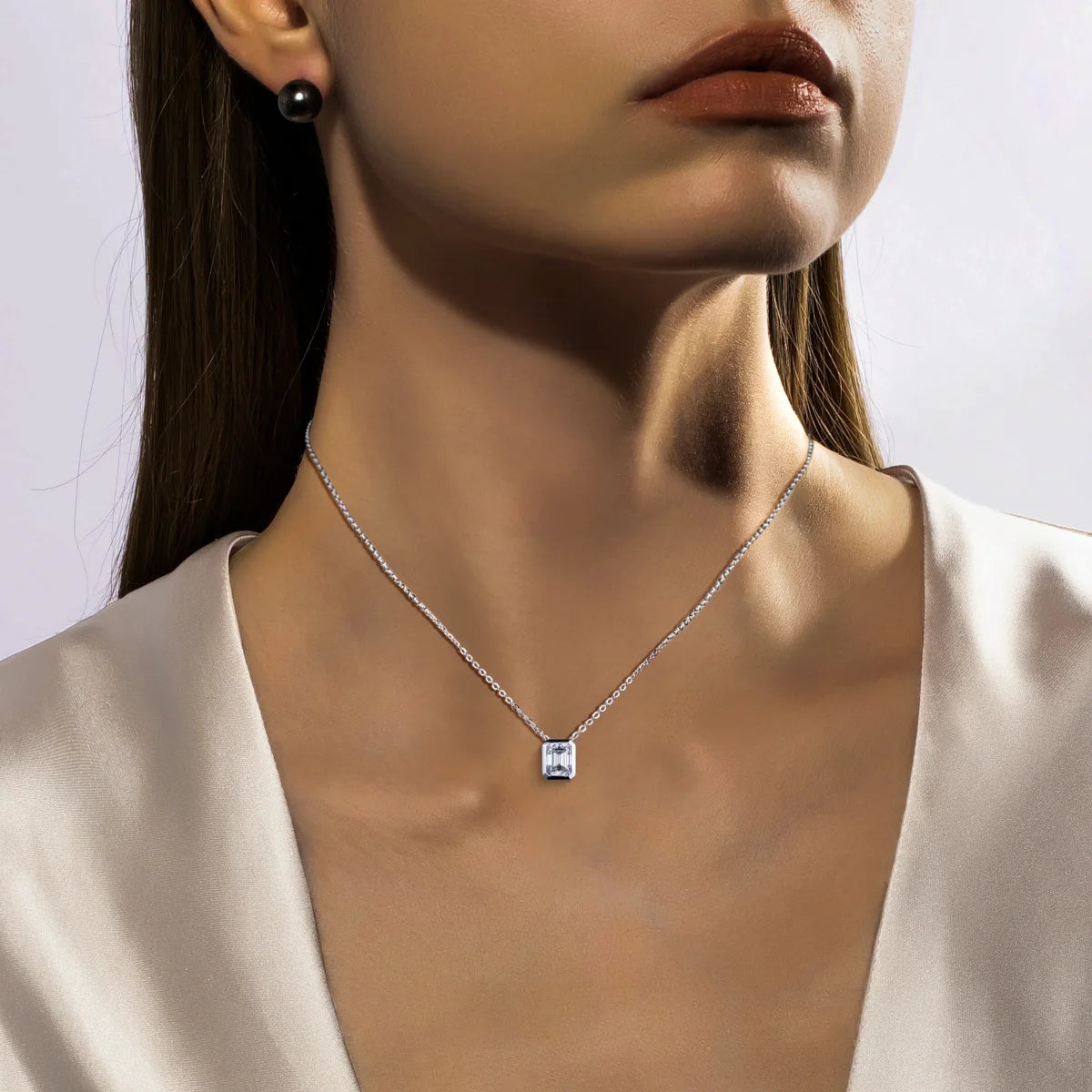 VVS1 Emerald Cut Moissanite Bezel Pendant Necklace