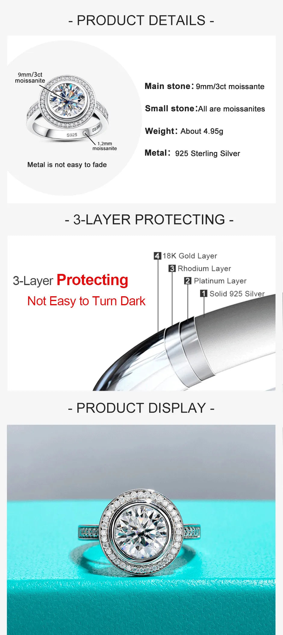 3 CT Round Cut Moissanite Halo Engagement Ring