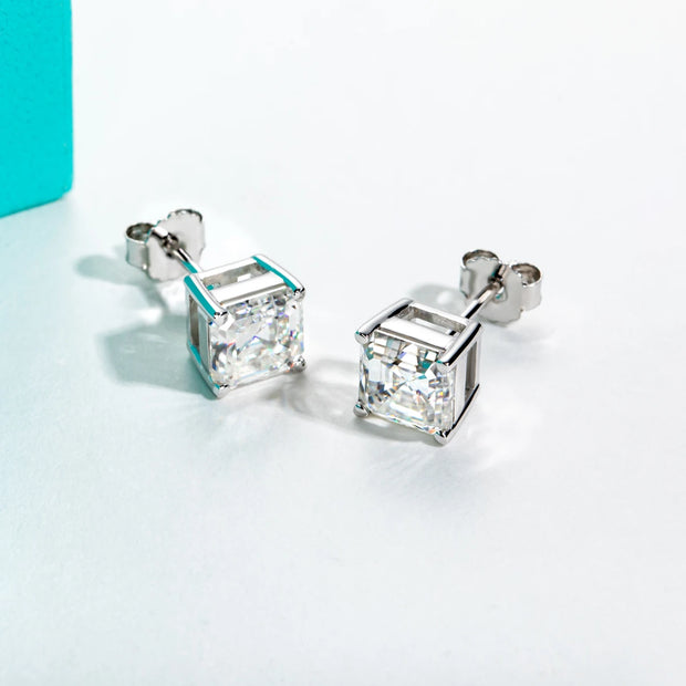 10K Gold Asscher Cut Moissanite Stud Earrings - 4ct/2ct/1ct.