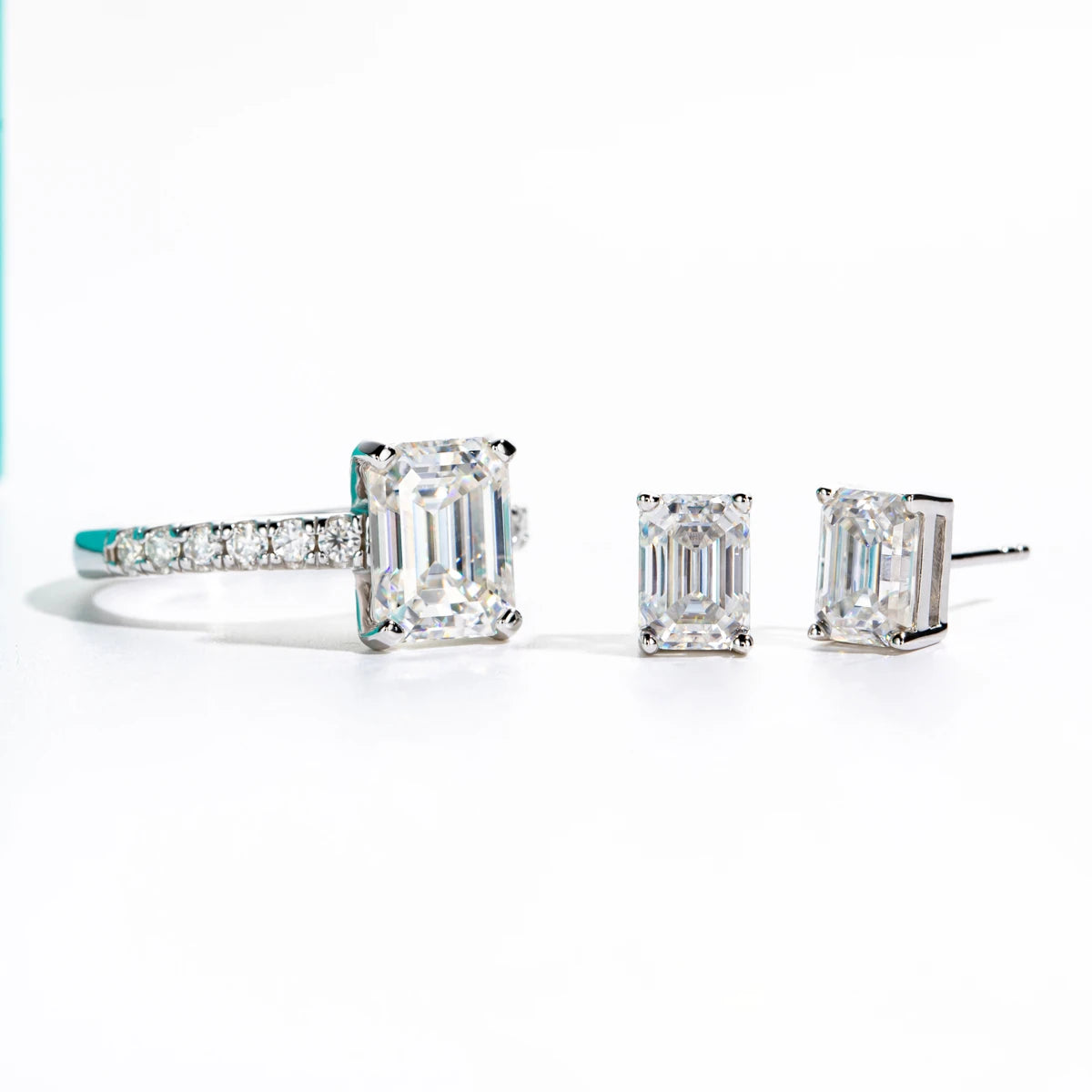 3CT Emerald Cut Moissanite Ring & 1CT Emerald Stud Earrings Set