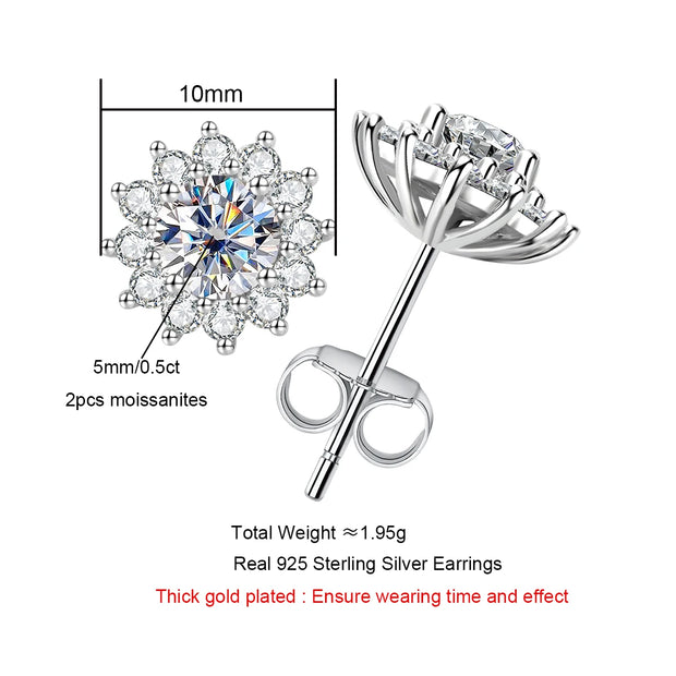 1 Carat Total D Color Moissanite Diamond Sunflower Earrings.