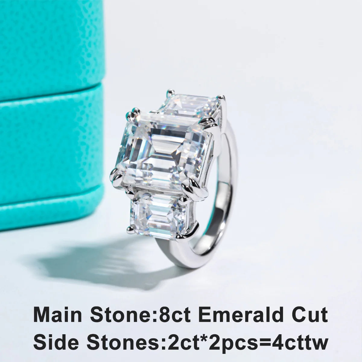 12 CTTW 3 Stone Emerald Cut Moissanite Engagement Ring