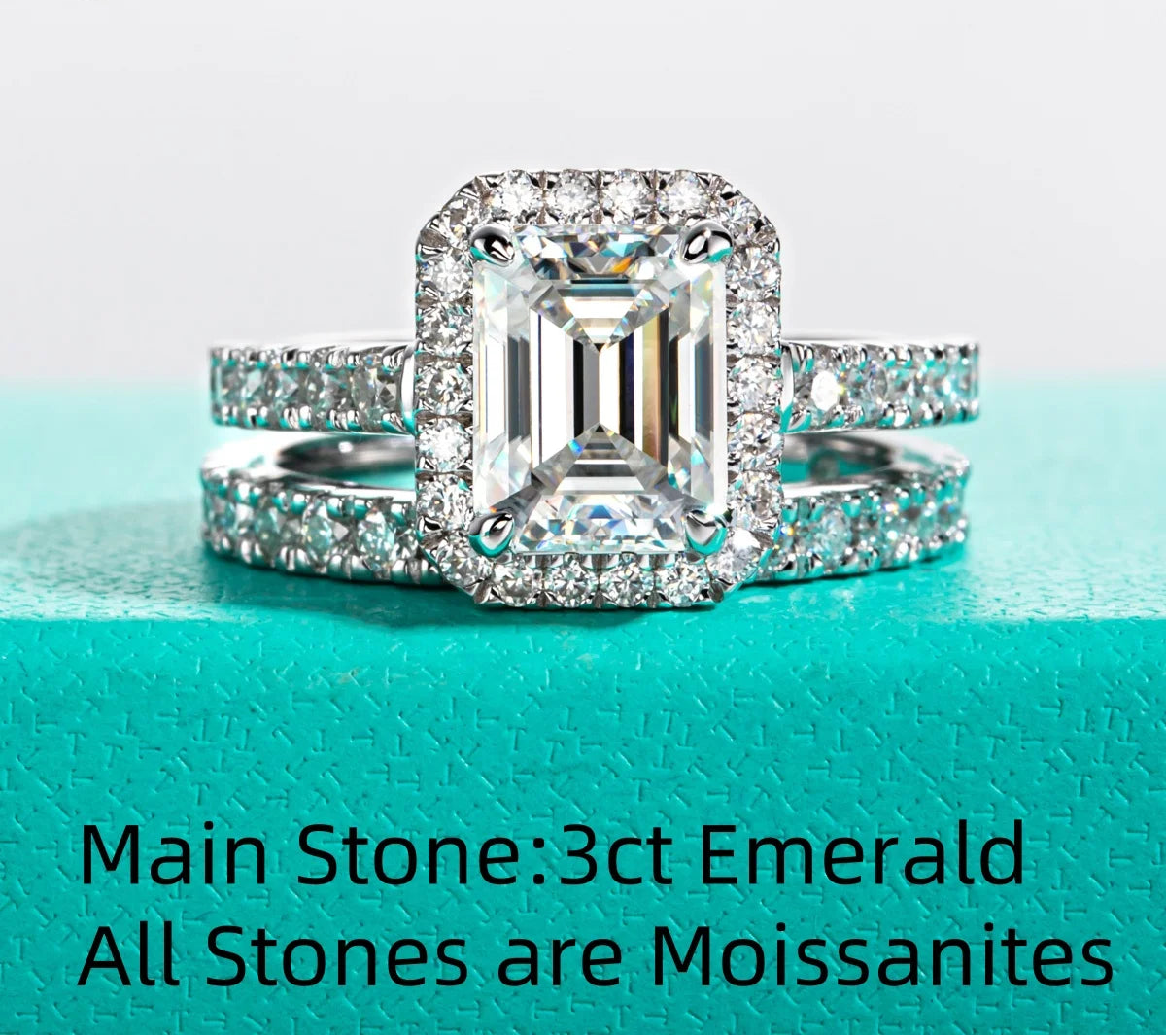 3CT Emerald Cut Moissanite Halo Bridal Ring Set