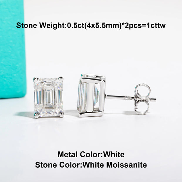 10K Gold Emerald Moissanite Stud Earrings - 4ct/2ct/1ct.