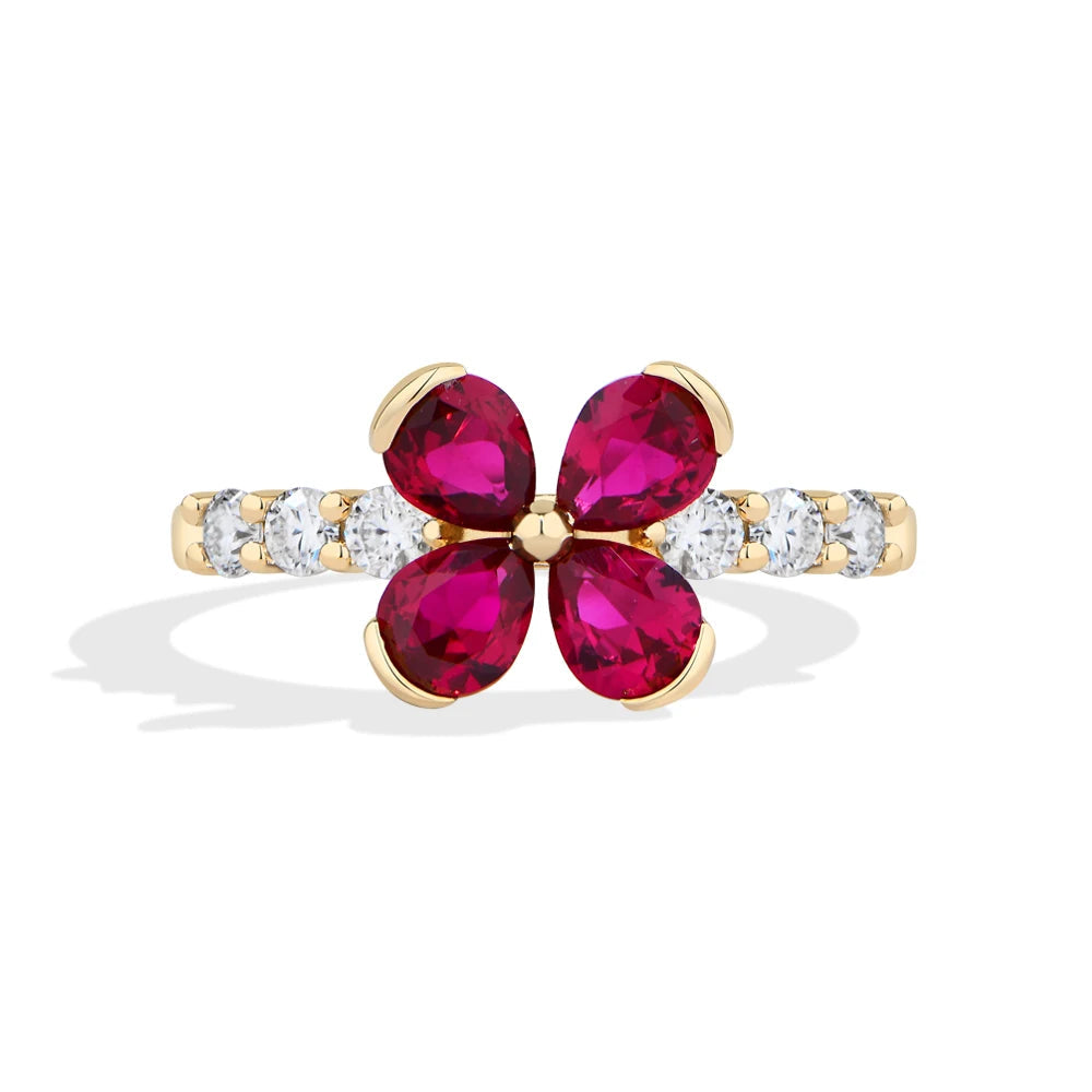 Teardrop Ruby Flower Moissanite Engagement Ring