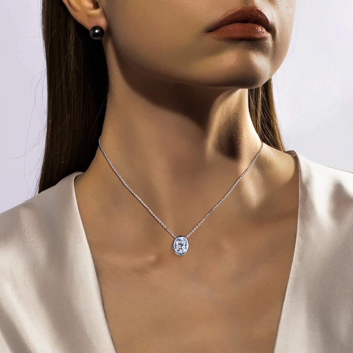 VVS1 D Color Oval Cut Moissanite Bezel Necklace