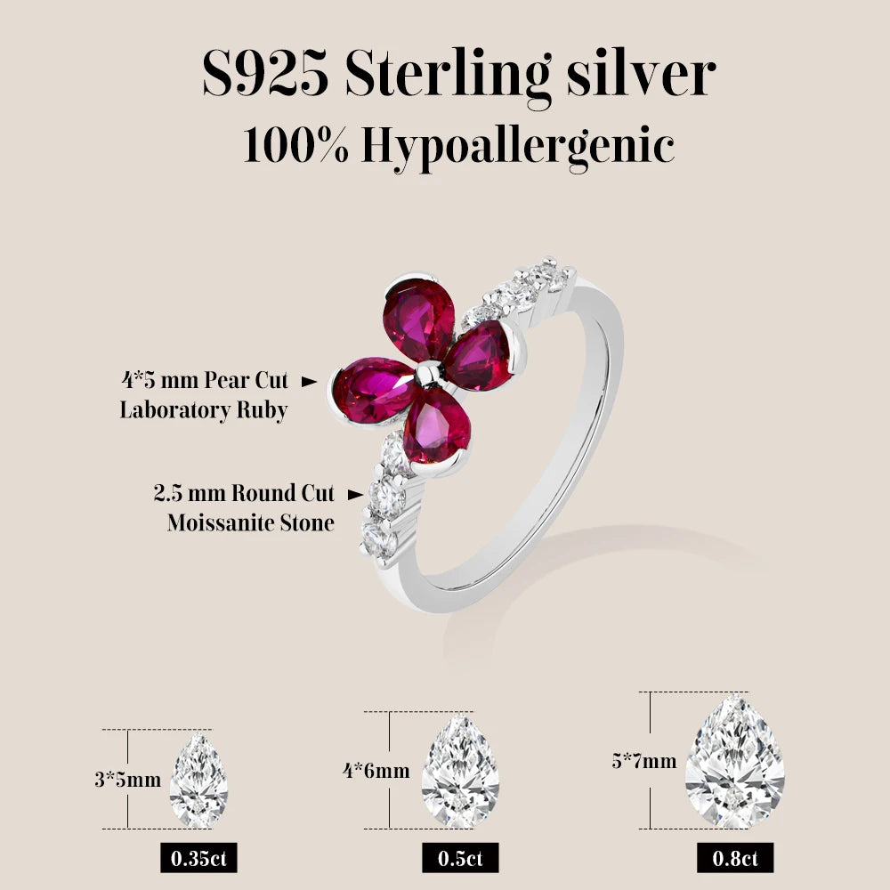 Teardrop Ruby Flower Moissanite Engagement Ring