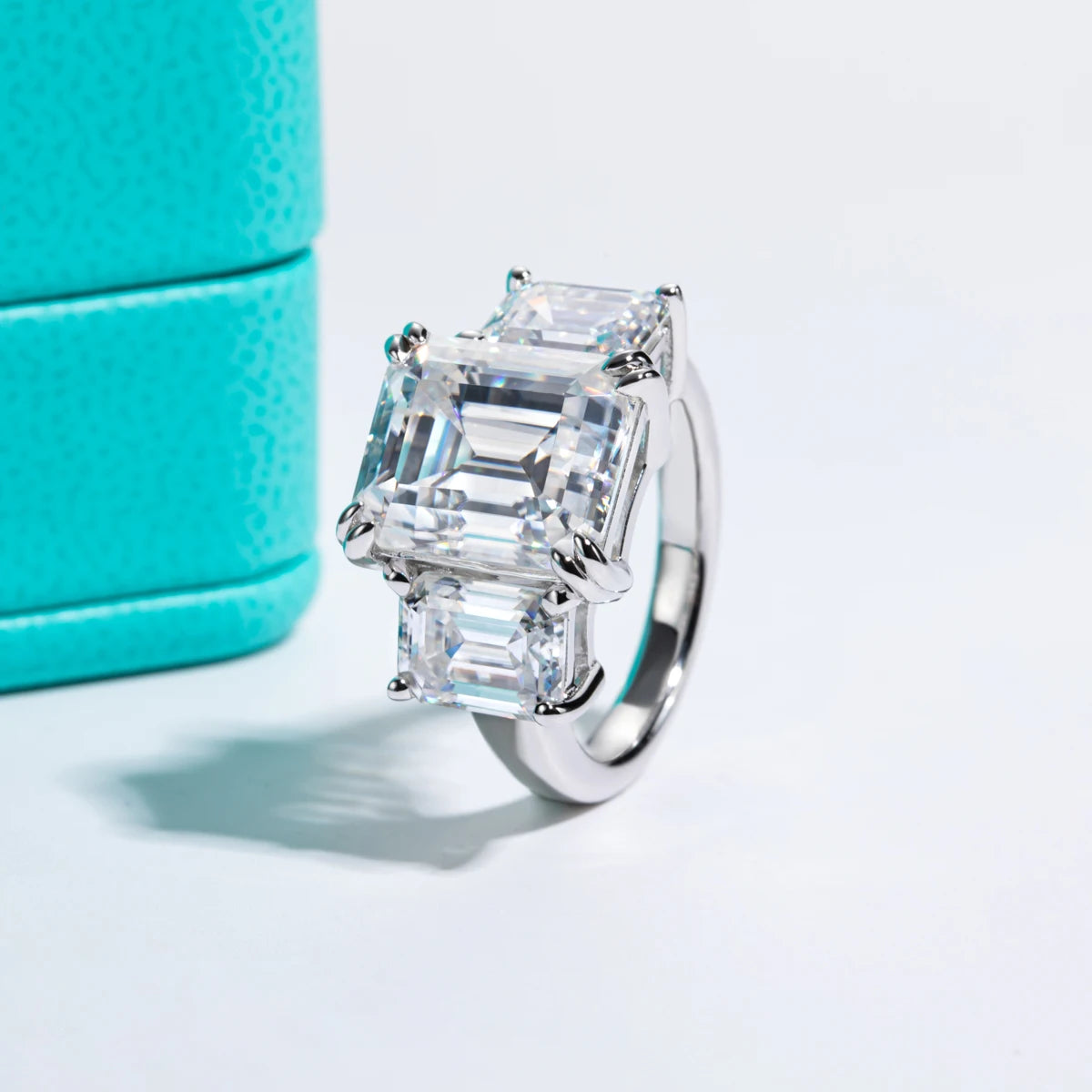 12 CTTW 3 Stone Emerald Cut Moissanite Engagement Ring