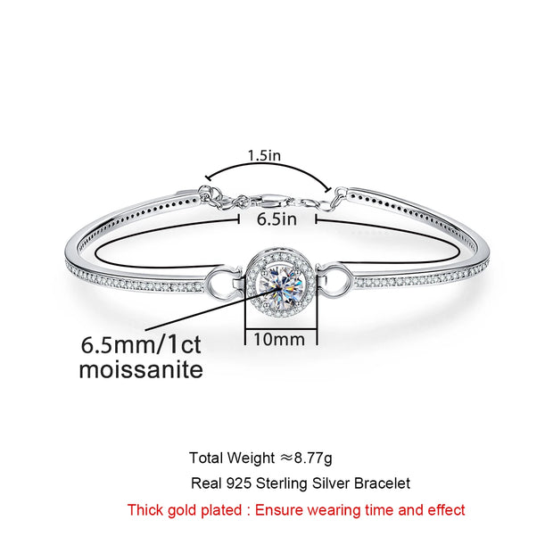 1ct D Color Moissanite Diamond Silver Bracelet – 18K White Gold Plated Adjustable Bangle.