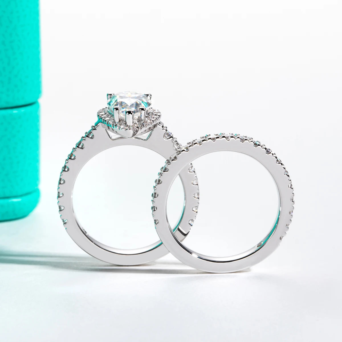 3CT Pear Cut Halo Moissanite Bridal Ring Set