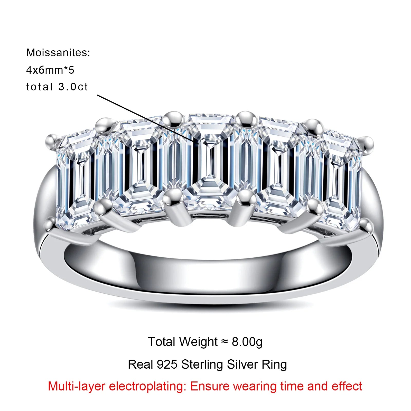 3 CTTW Emerald Cut Moissanite Wedding Band Ring