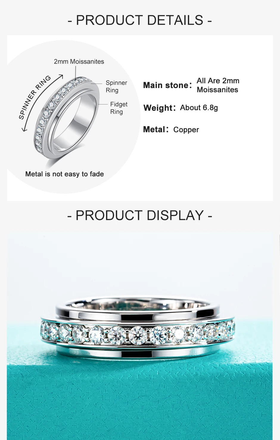 2MM Moissanite Spinner Eternity Band Ring