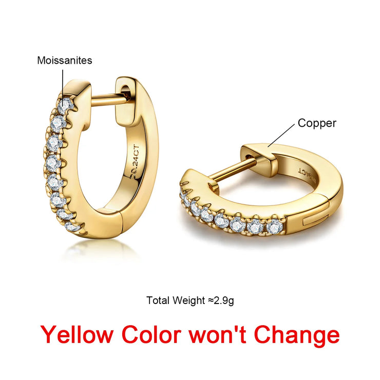 1.5mm D Color Moissanite Huggie Hoop Earrings  - Yellow Gold Plated Huggie Earrings for Women.