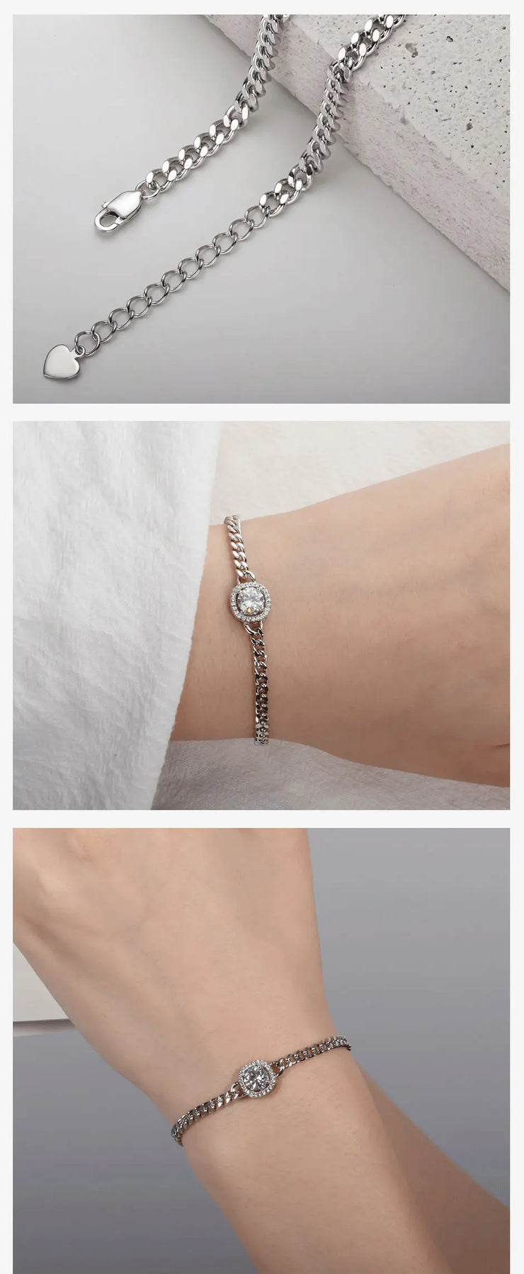 Cushion Moissanite Diamond Cuban Silver Bracelet.