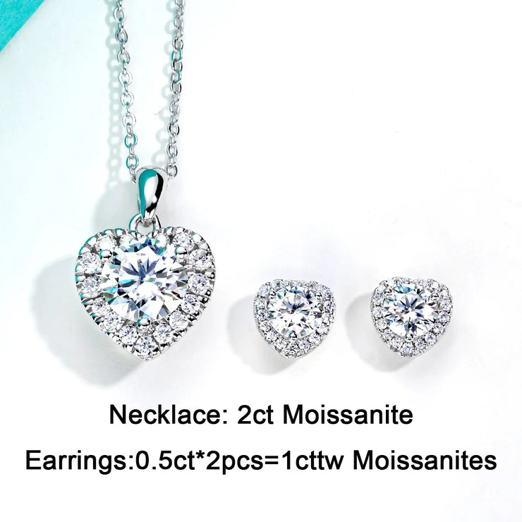 1ct D Color Heart Moissanite Necklace and Earrings Set.