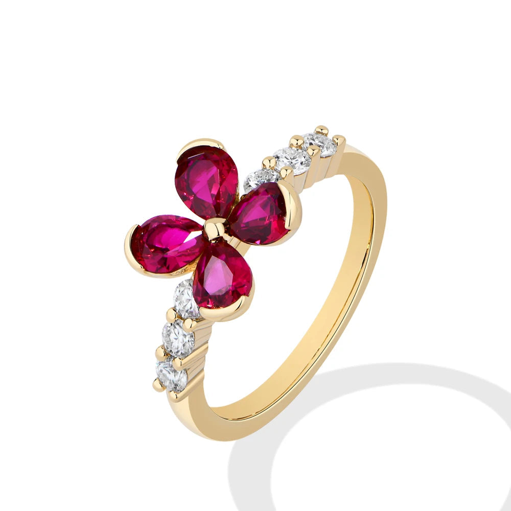 Teardrop Ruby Flower Moissanite Engagement Ring