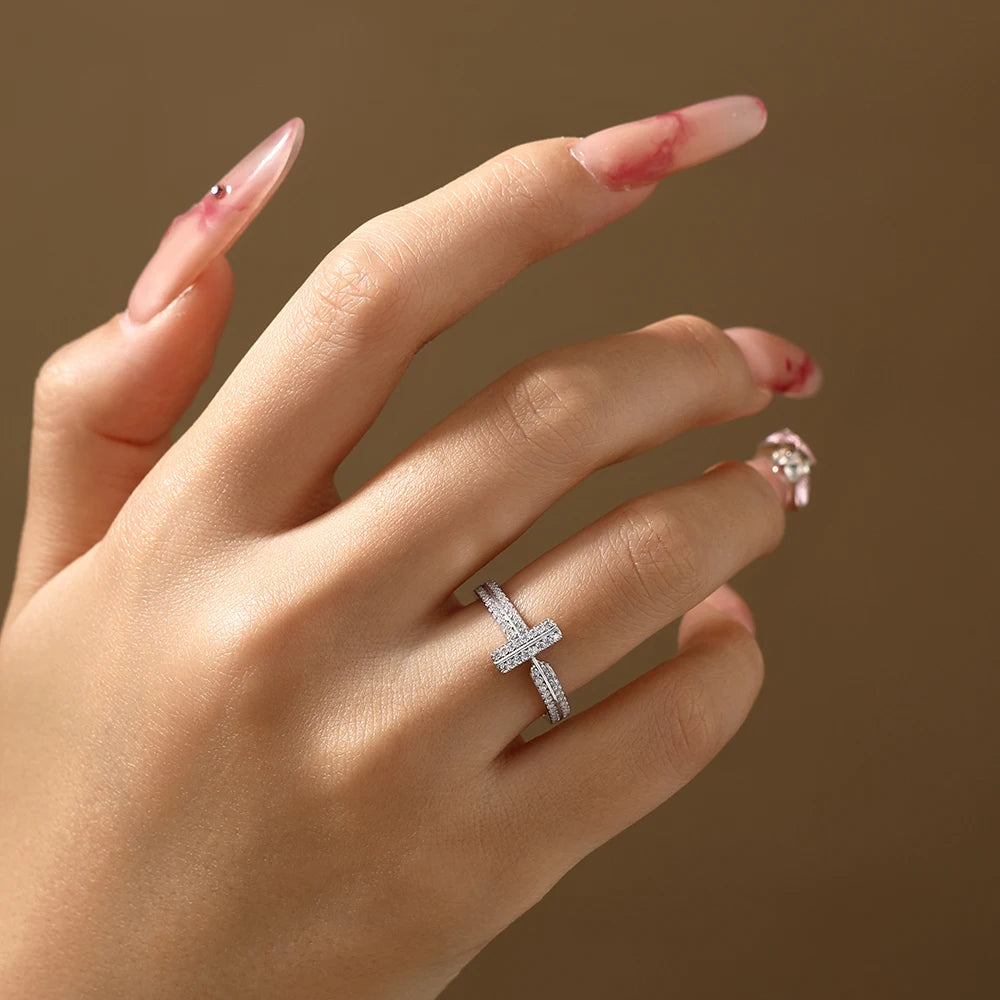 T-Bar Double Band Paved Moissanite Ring