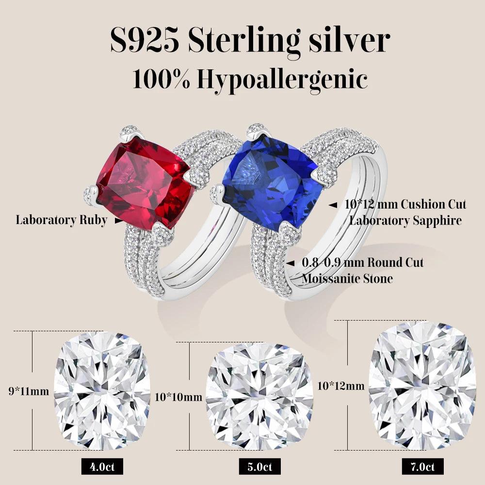 Cushion Cut Ruby & Sapphire Double Row Moissanite Ring