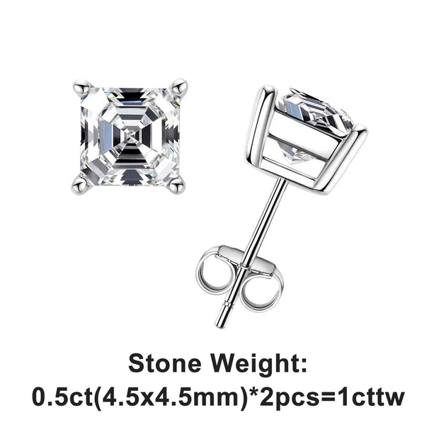 10K Gold Asscher Cut Moissanite Stud Earrings - 4ct/2ct/1ct.