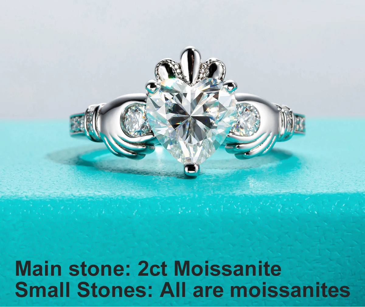 2 CT Heart Cut Moissanite Claddagh Irish Ring