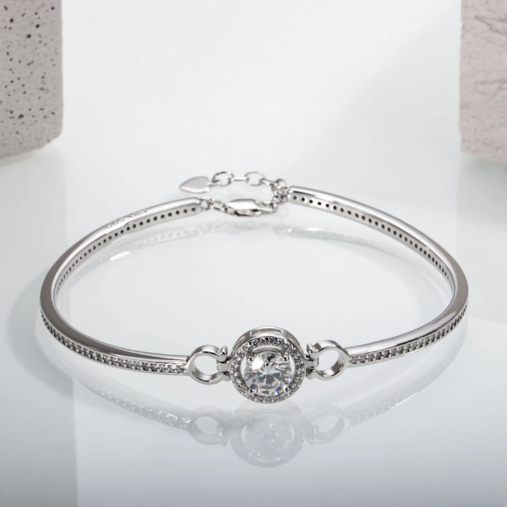 1ct D Color Moissanite Diamond Silver Bracelet – 18K White Gold Plated Adjustable Bangle.