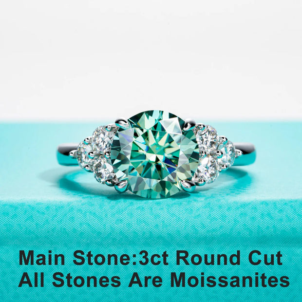 GK Moissanites 3ct Round Cut Blue Green Color Moissanite Engagement Ring