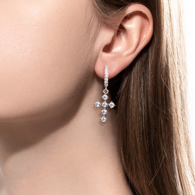 Moissanite Cross Hoop Earrings for Women.