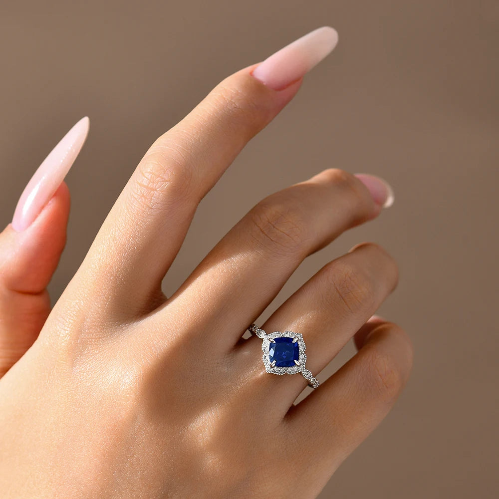 2 CT Cushion Cut Blue Sapphire Engagement Ring