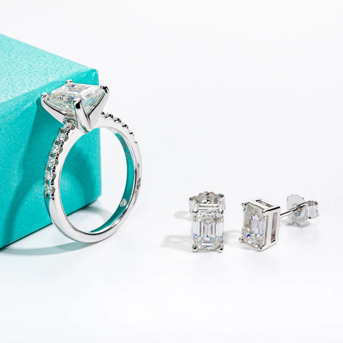 3CT Emerald Cut Moissanite Ring & 1CT Emerald Stud Earrings Set