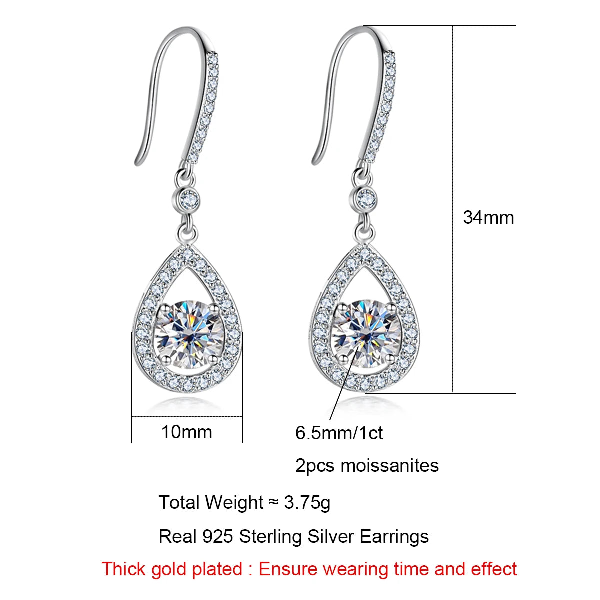 1 Carat Teardrop D Color Moissanite Drop Earrings - 925 Sterling Silver Hook Earrings for Women.