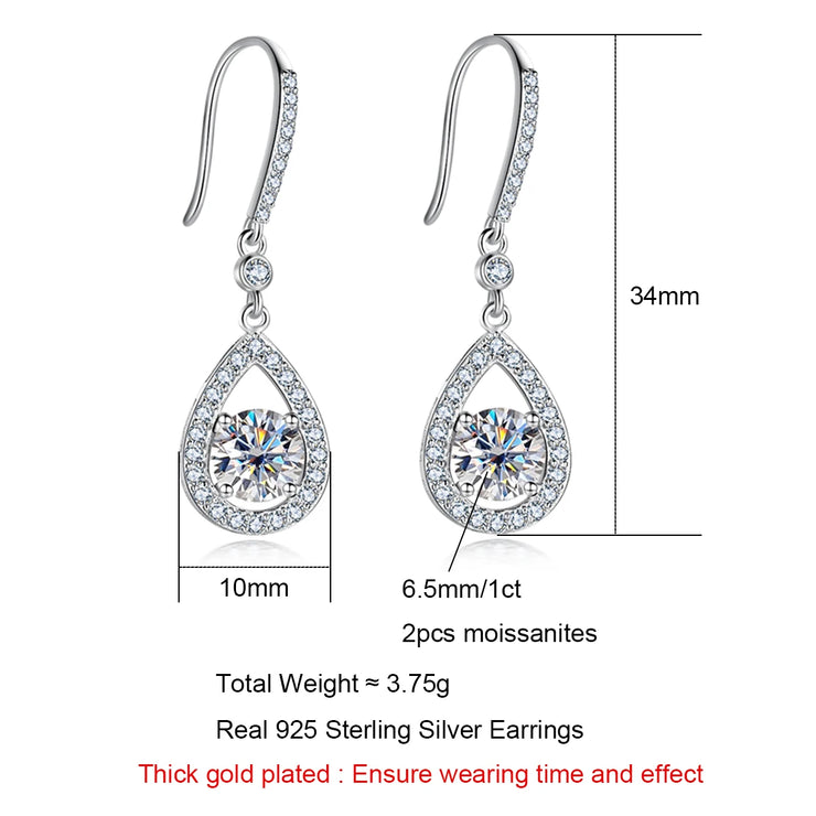 1 Carat Teardrop D Color Moissanite Drop Earrings - 925 Sterling Silver Hook Earrings for Women.