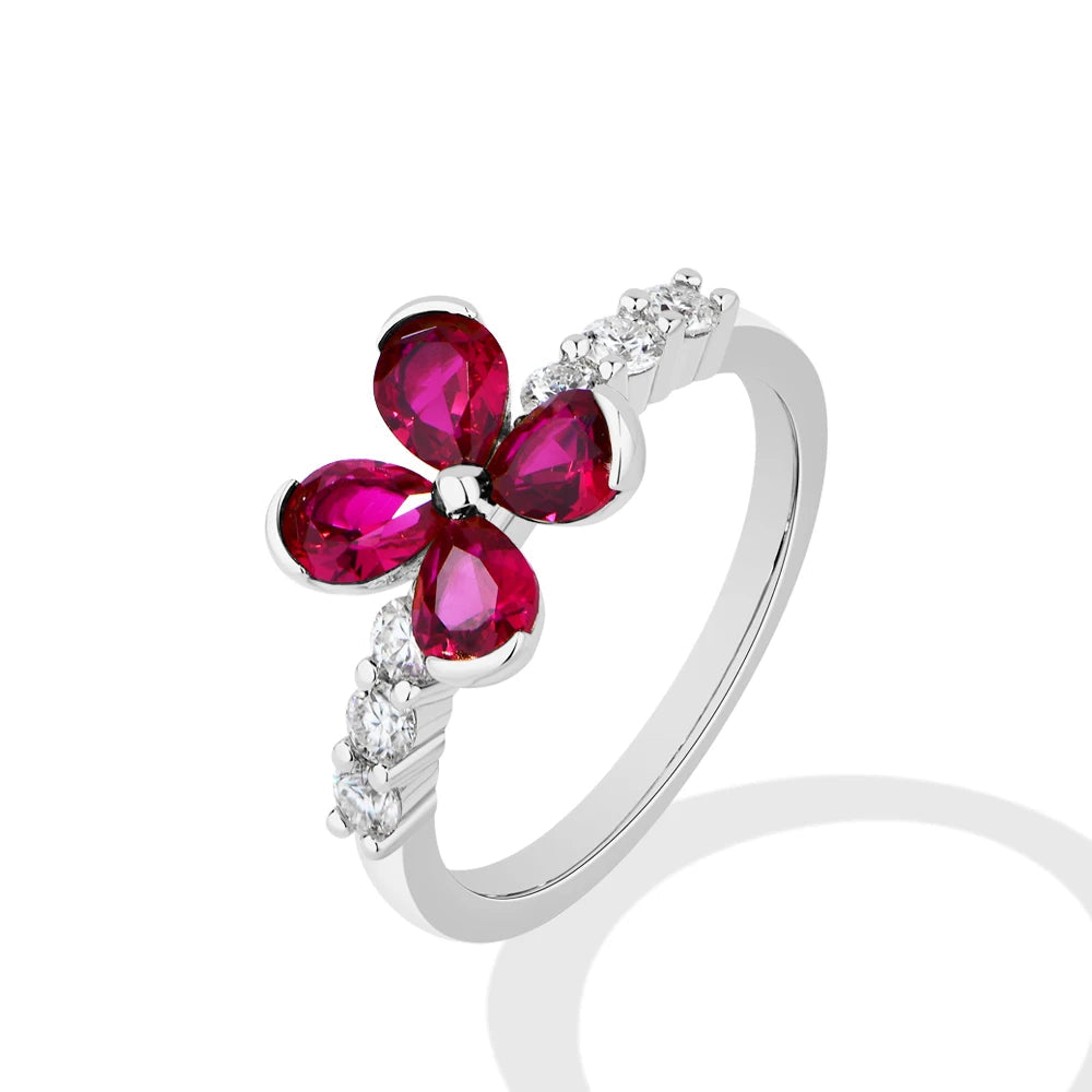 Teardrop Ruby Flower Moissanite Engagement Ring