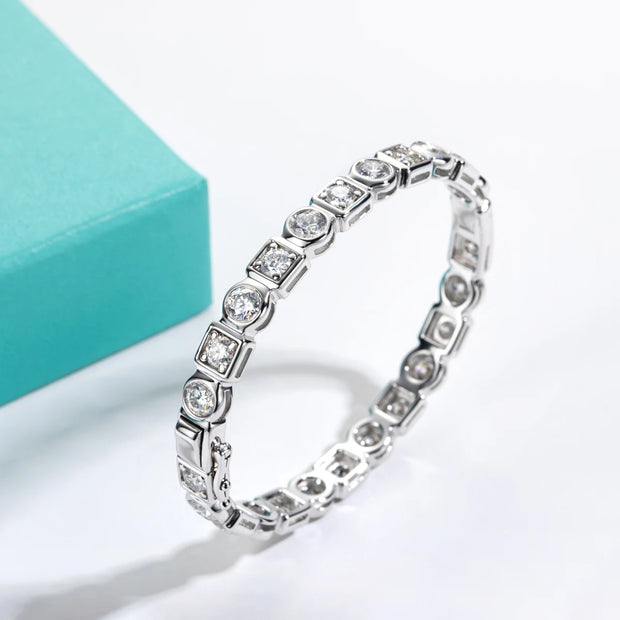 4.5mm D Color Moissanite Diamond Silver Bracelet – 18K White Gold Plated Bezel Bangle.