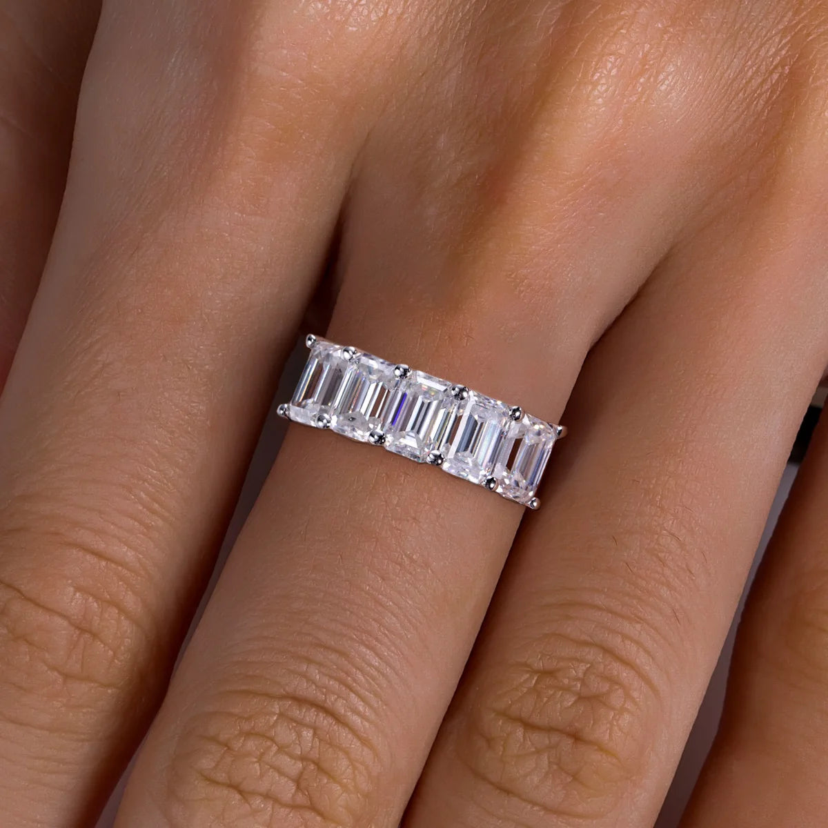 3 CTTW Emerald Cut Moissanite Wedding Band Ring
