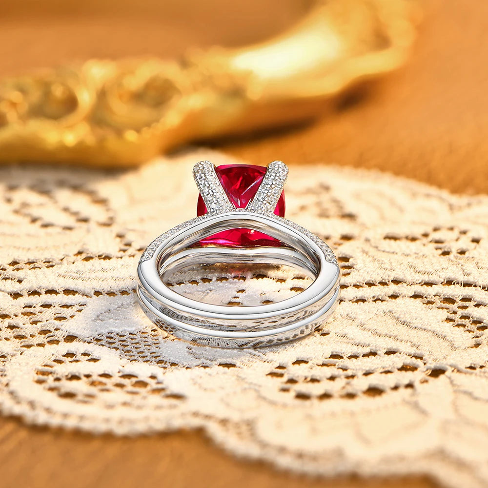 Cushion Cut Ruby & Sapphire Double Row Moissanite Ring