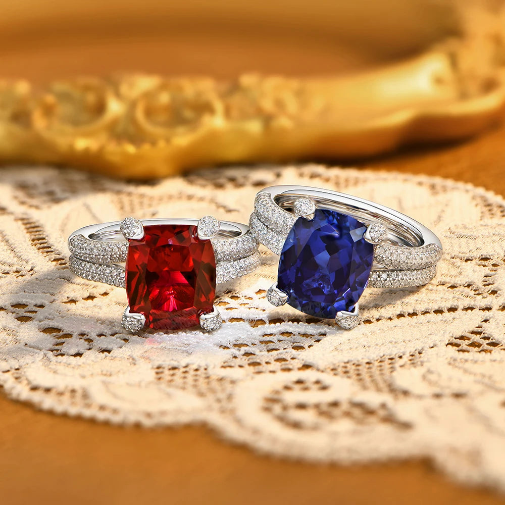 Cushion Cut Ruby & Sapphire Double Row Moissanite Ring