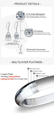 1 Carat Teardrop D Color Moissanite Drop Earrings - 925 Sterling Silver Hook Earrings for Women.