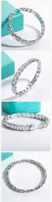 4.5mm D Color Moissanite Diamond Silver Bracelet – 18K White Gold Plated Bezel Bangle.