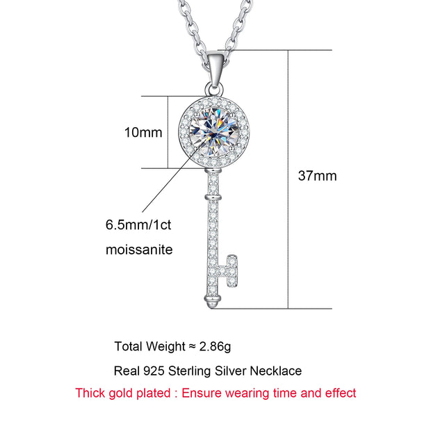 1ct D Color Moissanite Key Pendant Necklace.