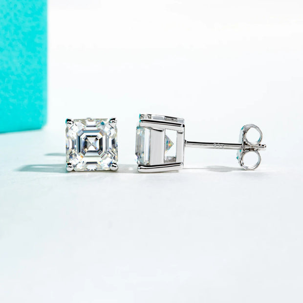 10K Gold Asscher Cut Moissanite Stud Earrings - 4ct/2ct/1ct.