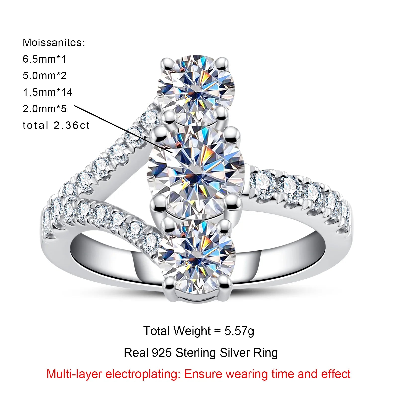 2.36 CTTW Three Stone Moissanite Engagement Ring