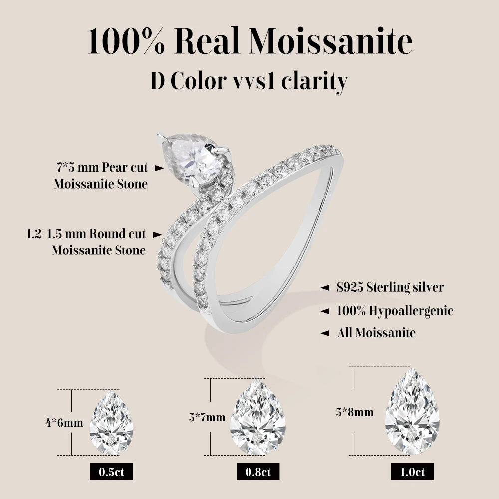 0.8 CT Pear Cut D VVS1 Moissanite Ring