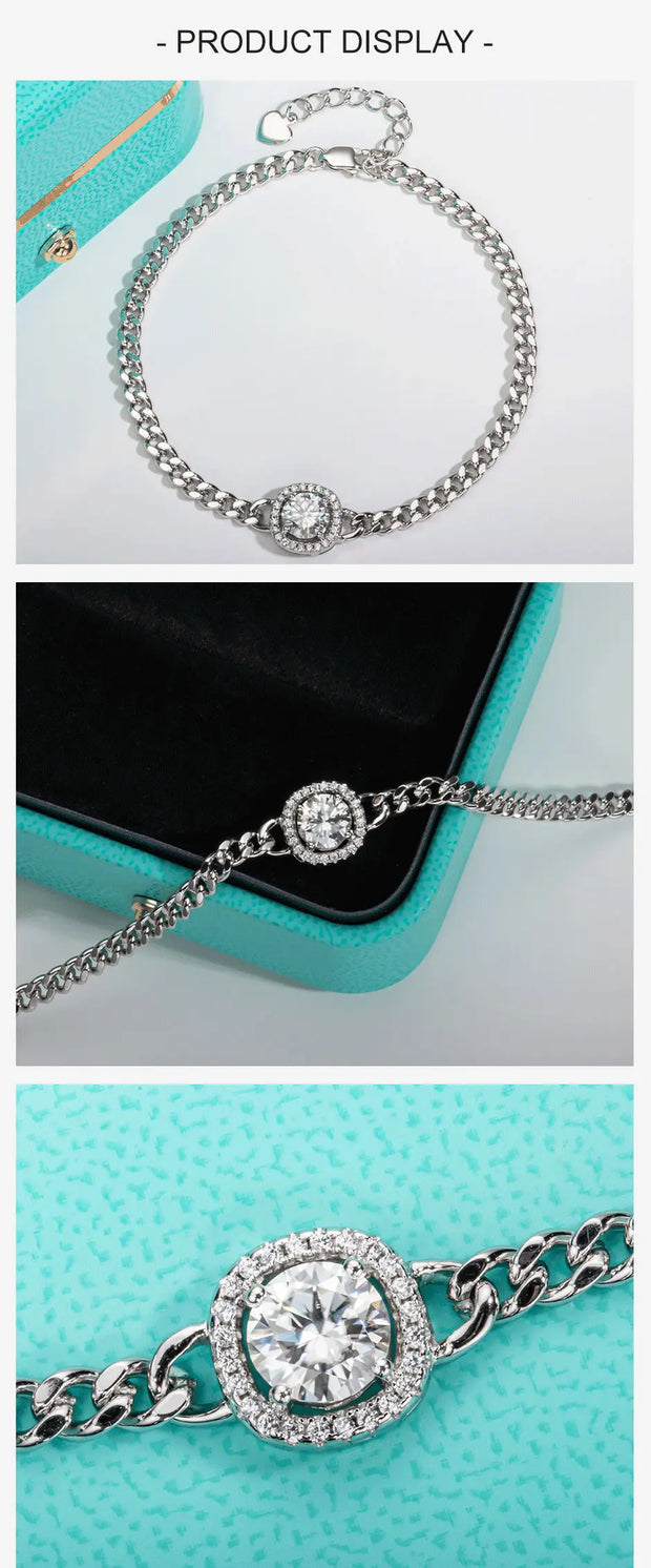 Cushion Moissanite Diamond Cuban Silver Bracelet.